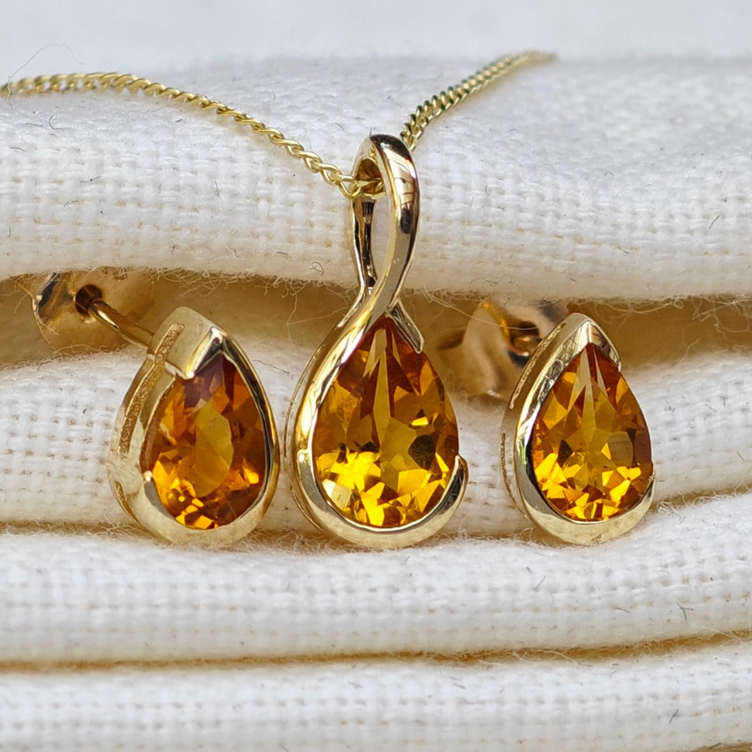 Citrine Set Pendant and Earrings 9ct Yellow Gold Infinity Loop