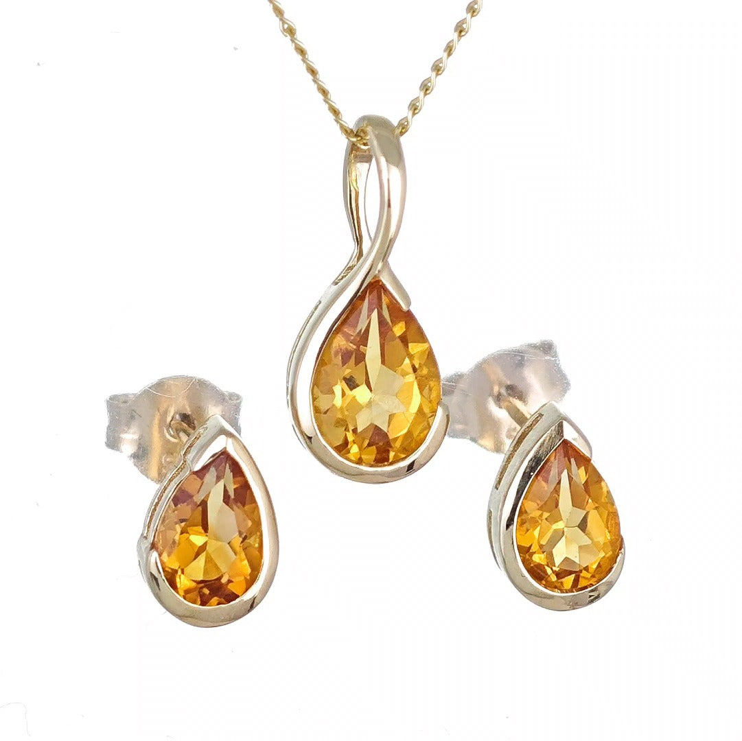 Citrine Set Pendant and Earrings 9ct Yellow Gold Infinity Loop