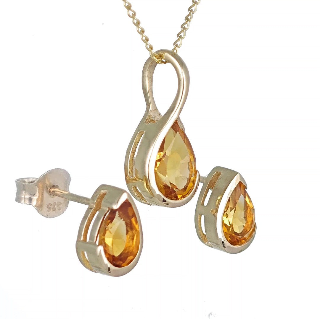 Citrine Set Pendant and Earrings 9ct Yellow Gold Infinity Loop