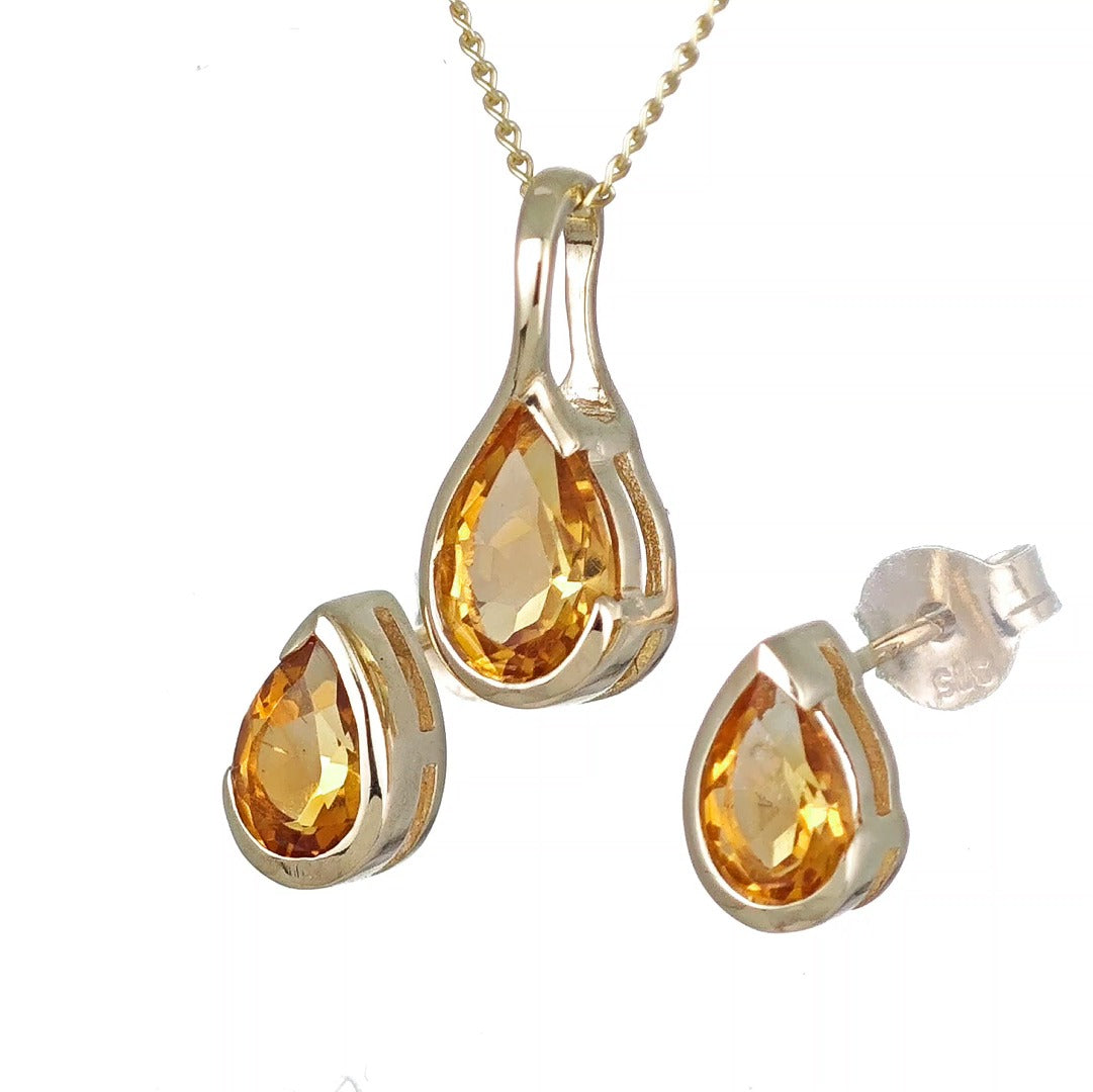 Citrine Set Pendant and Earrings 9ct Yellow Gold Infinity Loop