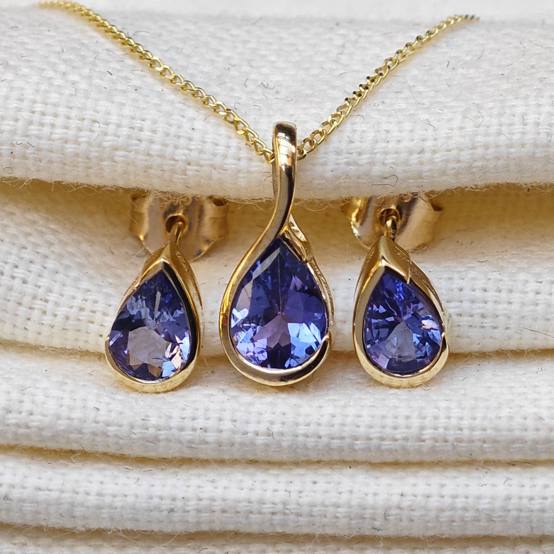 9ct Gold Tanzanite Set Pendant Stud Earrings Natural Blue Gemstone