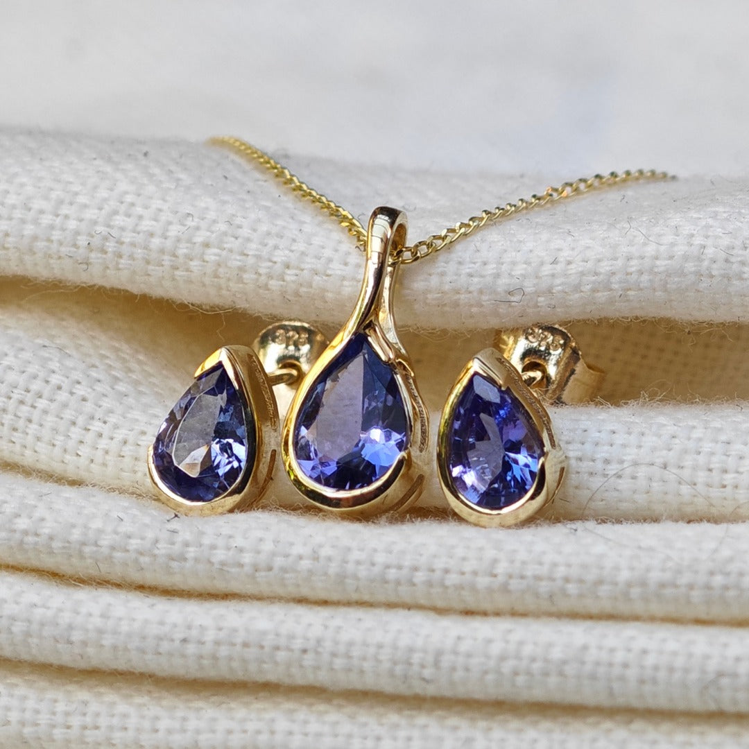 9ct Gold Tanzanite Set Pendant Stud Earrings Natural Blue Gemstone