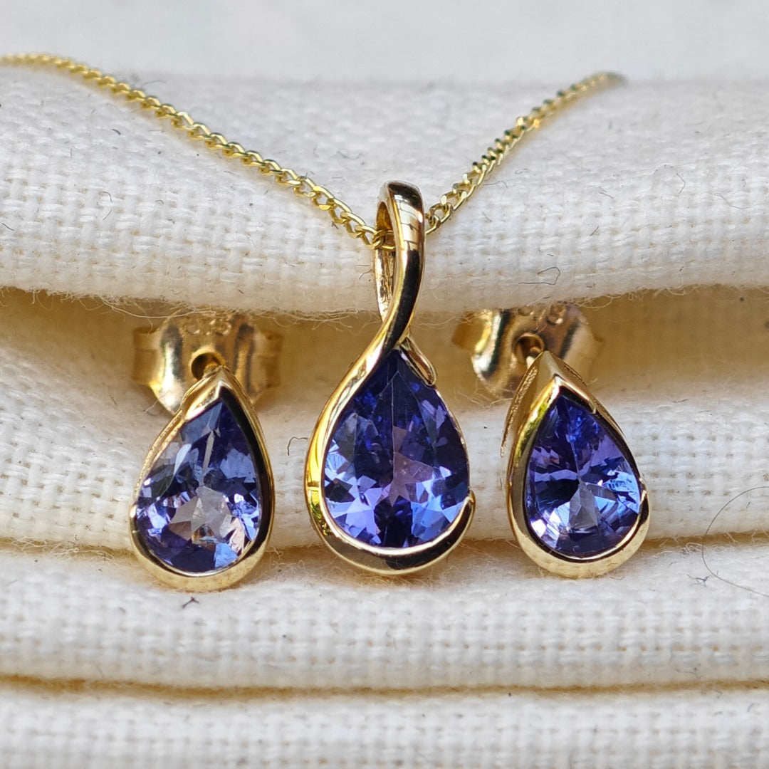 9ct Gold Tanzanite Set Pendant Stud Earrings Natural Blue Gemstone