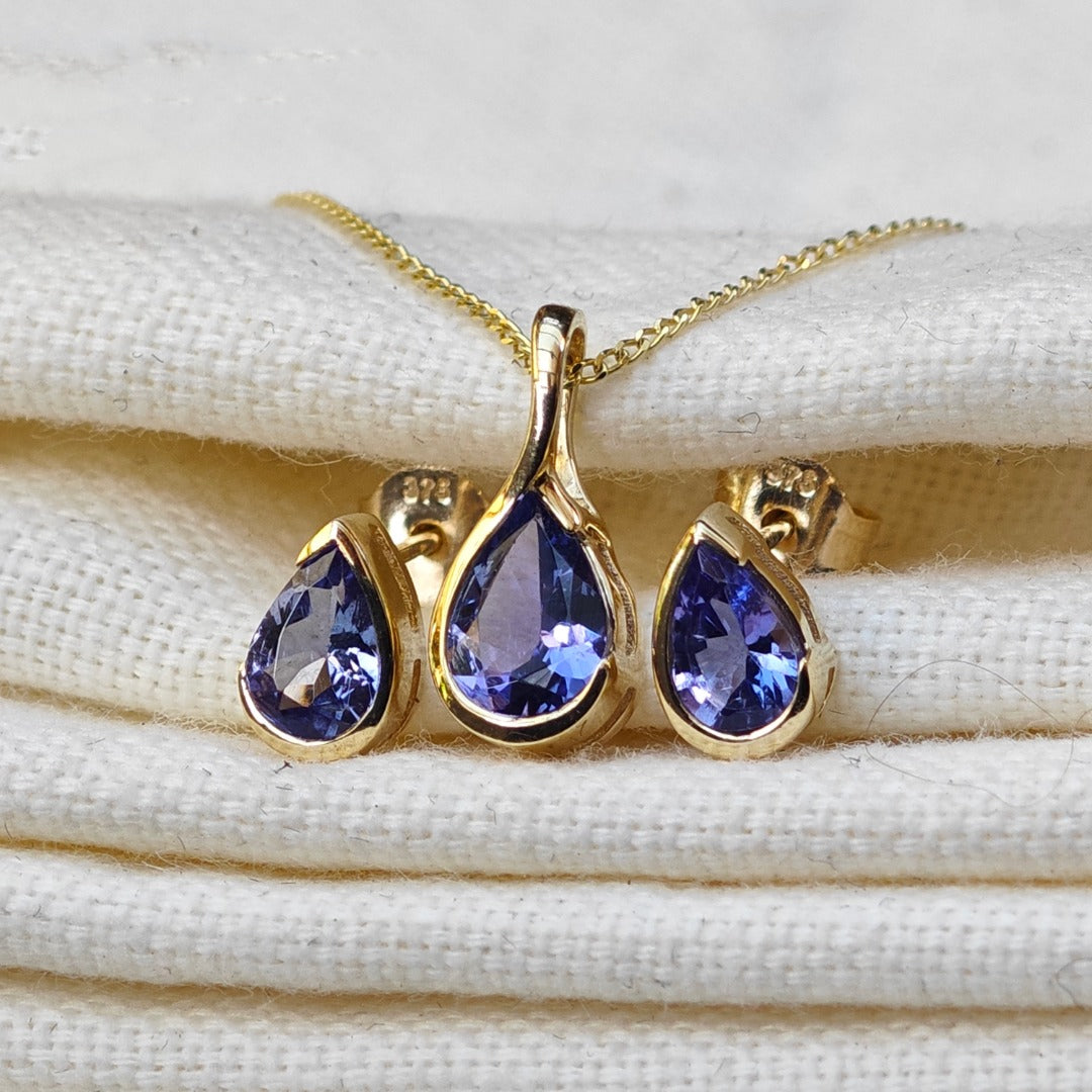 9ct Gold Tanzanite Set Pendant Stud Earrings Natural Blue Gemstone