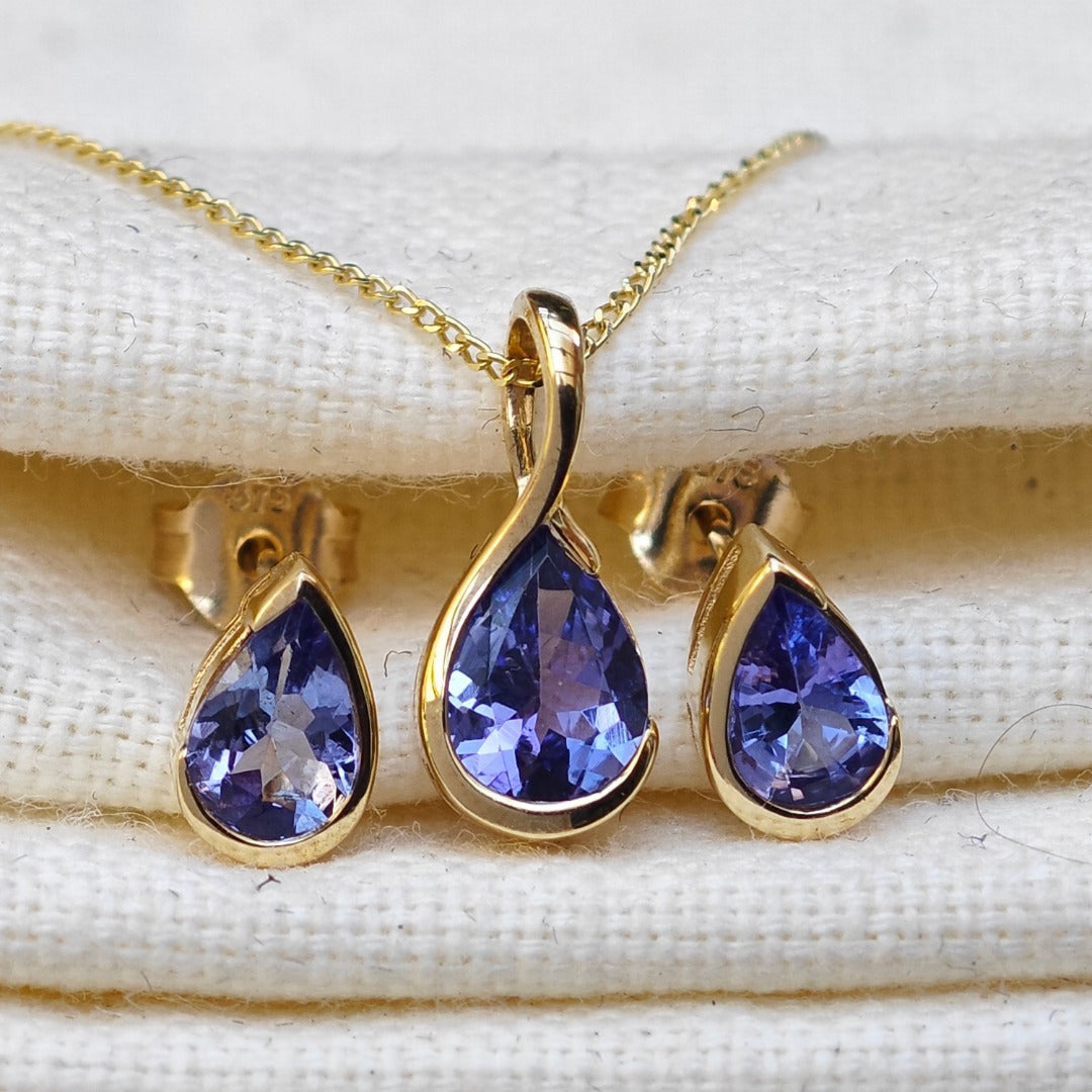 9ct Gold Tanzanite Set Pendant Stud Earrings Natural Blue Gemstone