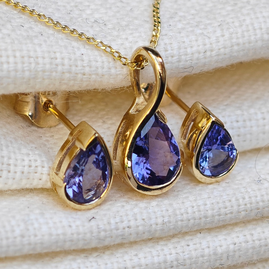 9ct Gold Tanzanite Set Pendant Stud Earrings Natural Blue Gemstone