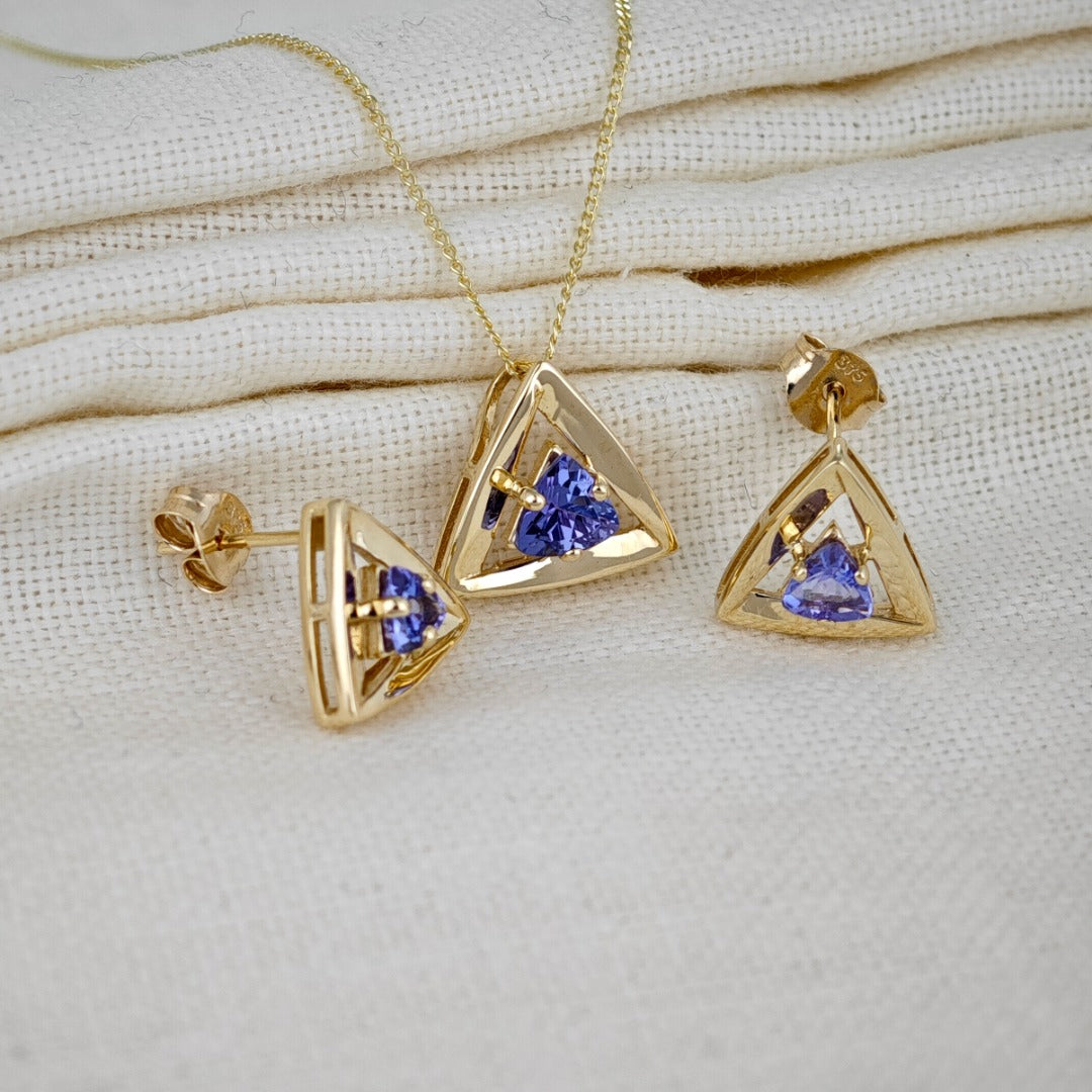 9ct Gold Tanzanite Set Pendant Earrings Natural Blue Trillion Gemstones