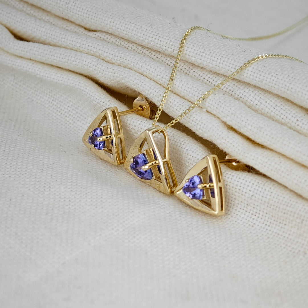 9ct Gold Tanzanite Set Pendant Earrings Natural Blue Trillion Gemstones