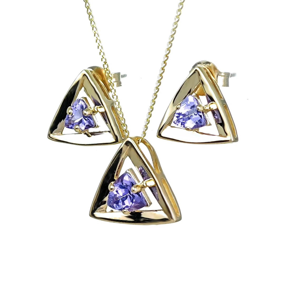 9ct Gold Tanzanite Set Pendant Earrings Natural Blue Trillion Gemstones