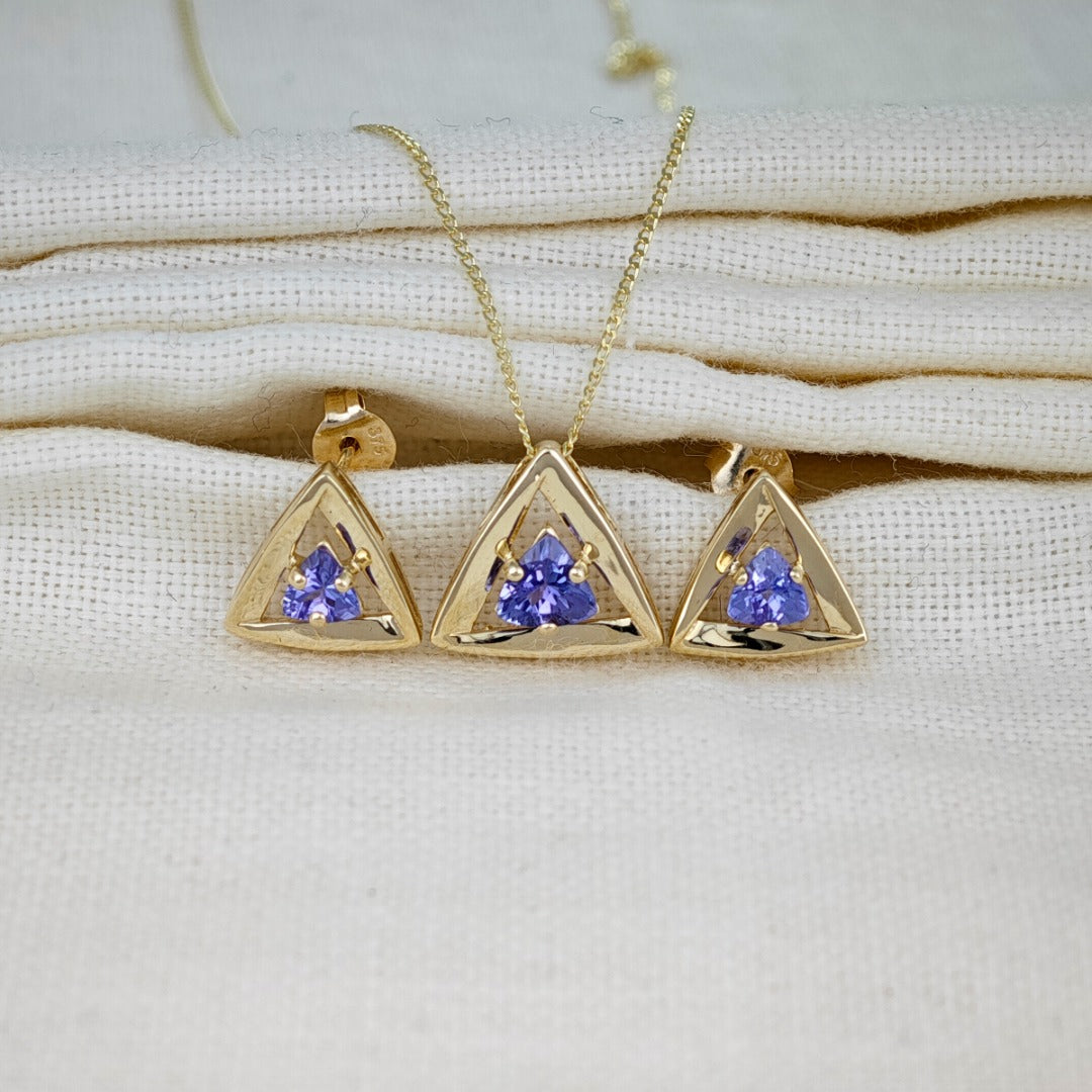 9ct Gold Tanzanite Set Pendant Earrings Natural Blue Trillion Gemstones