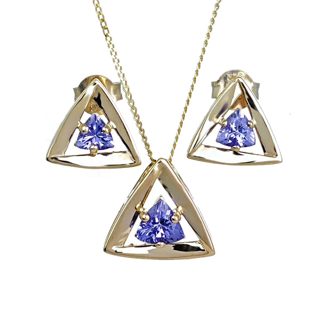 9ct Gold Tanzanite Set Pendant Earrings Natural Blue Trillion Gemstones