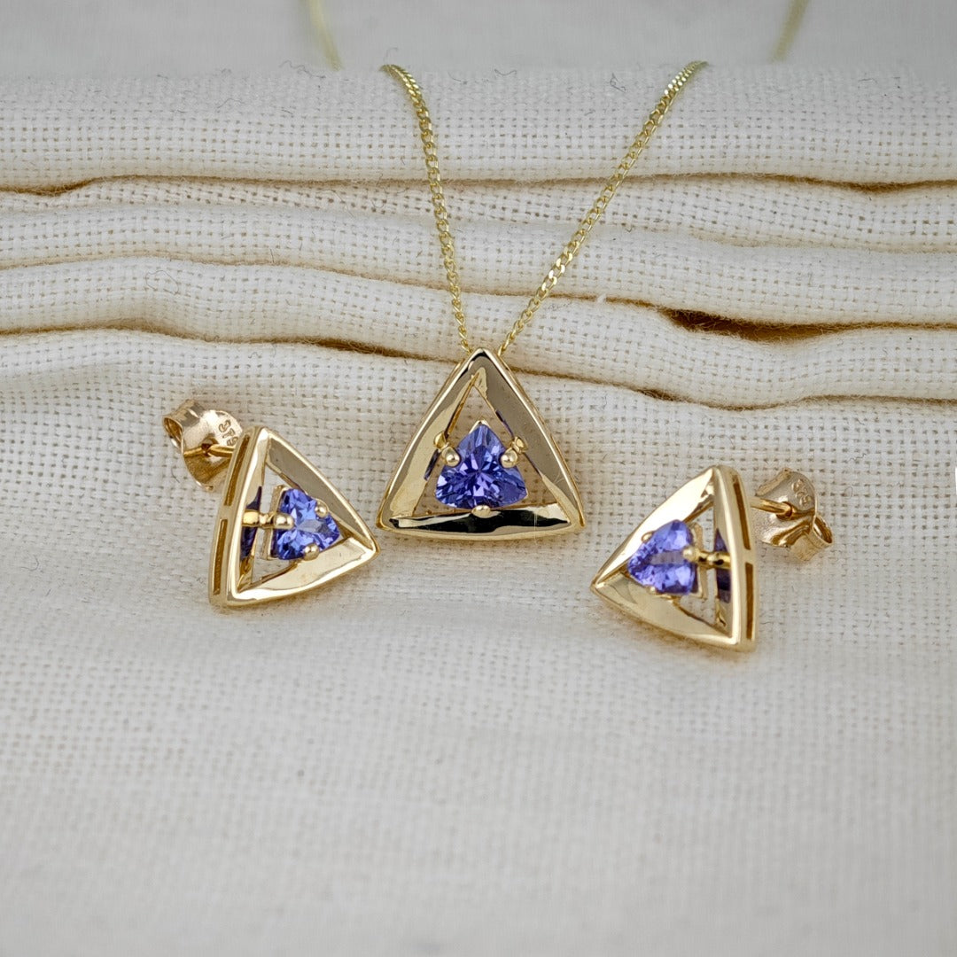 9ct Gold Tanzanite Set Pendant Earrings Natural Blue Trillion Gemstones