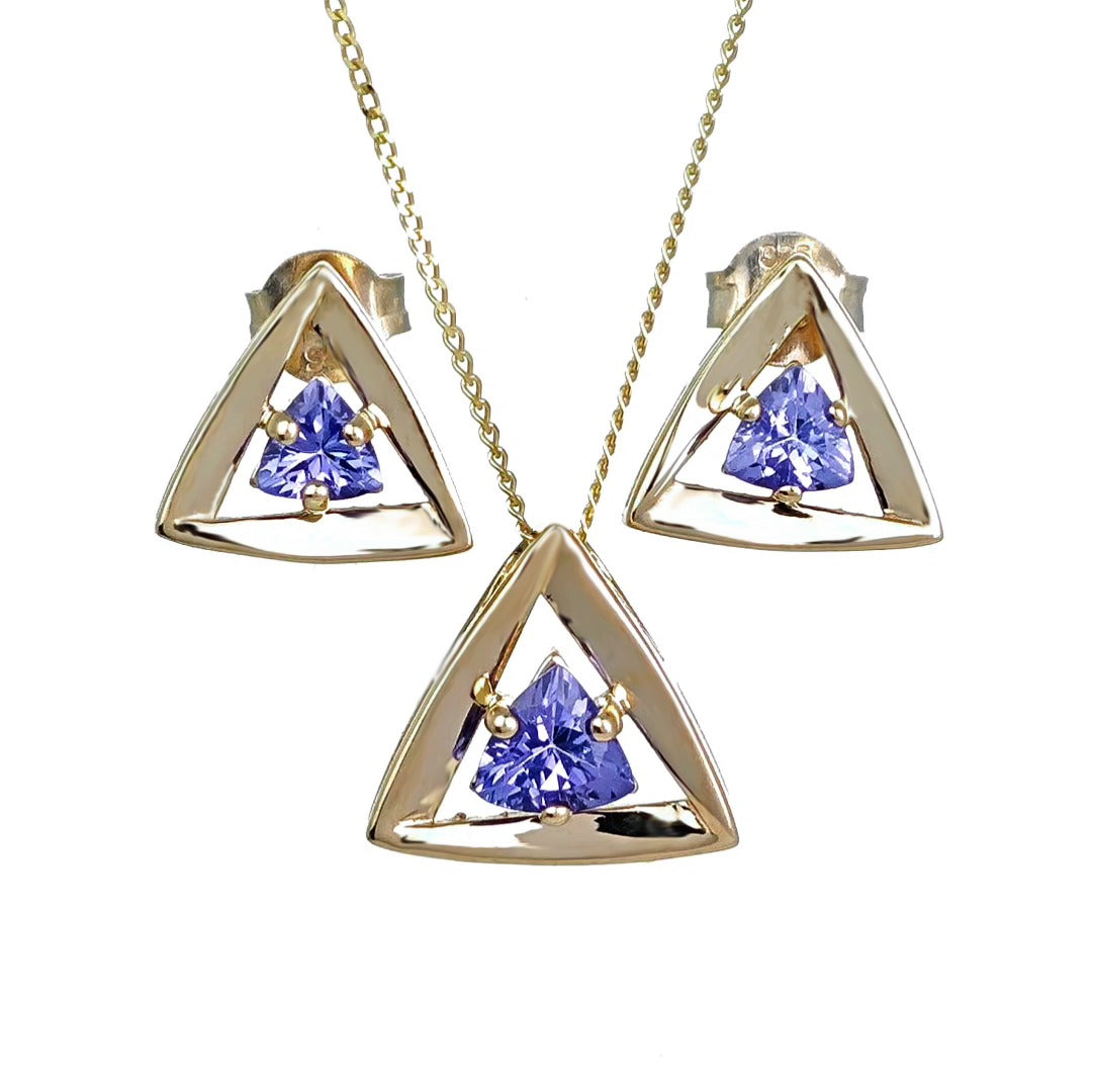 9ct Gold Tanzanite Set Pendant Earrings Natural Blue Trillion Gemstones