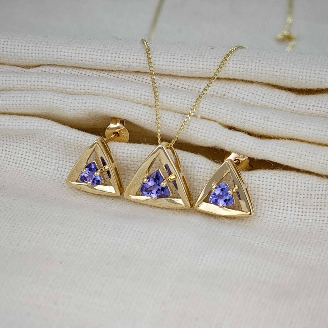 9ct Gold Tanzanite Set Pendant Earrings Natural Blue Trillion Gemstones