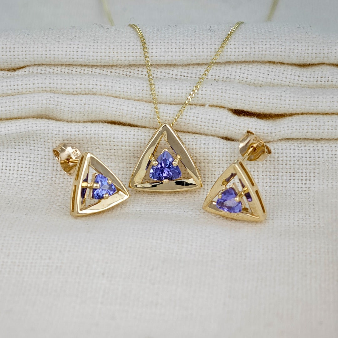 9ct Gold Tanzanite Set Pendant Earrings Natural Blue Trillion Gemstones