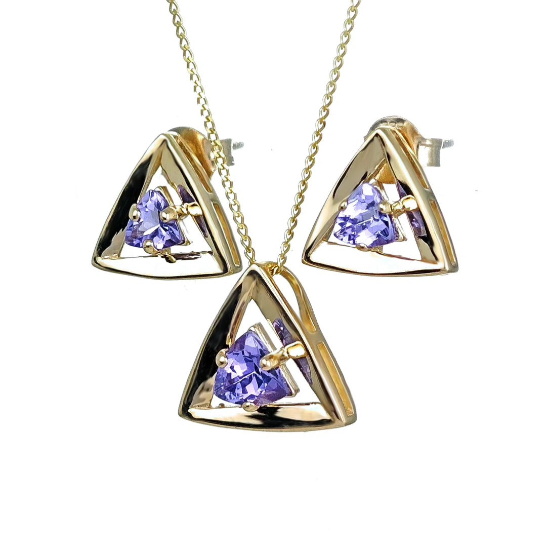 9ct Gold Tanzanite Set Pendant Earrings Natural Blue Trillion Gemstones