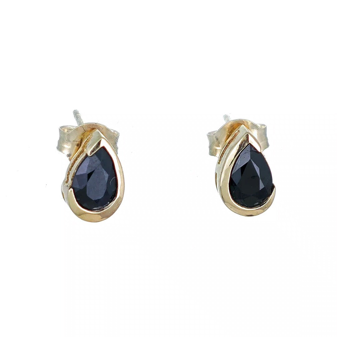 9ct Yellow Gold Sapphire Earrings Natural Inky Blue Gemstone Studs Handmade