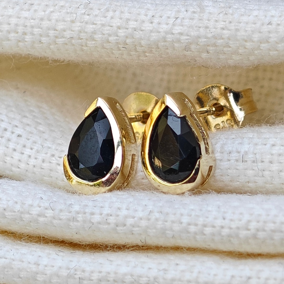 9ct Yellow Gold Sapphire Earrings Natural Inky Blue Gemstone Studs Handmade