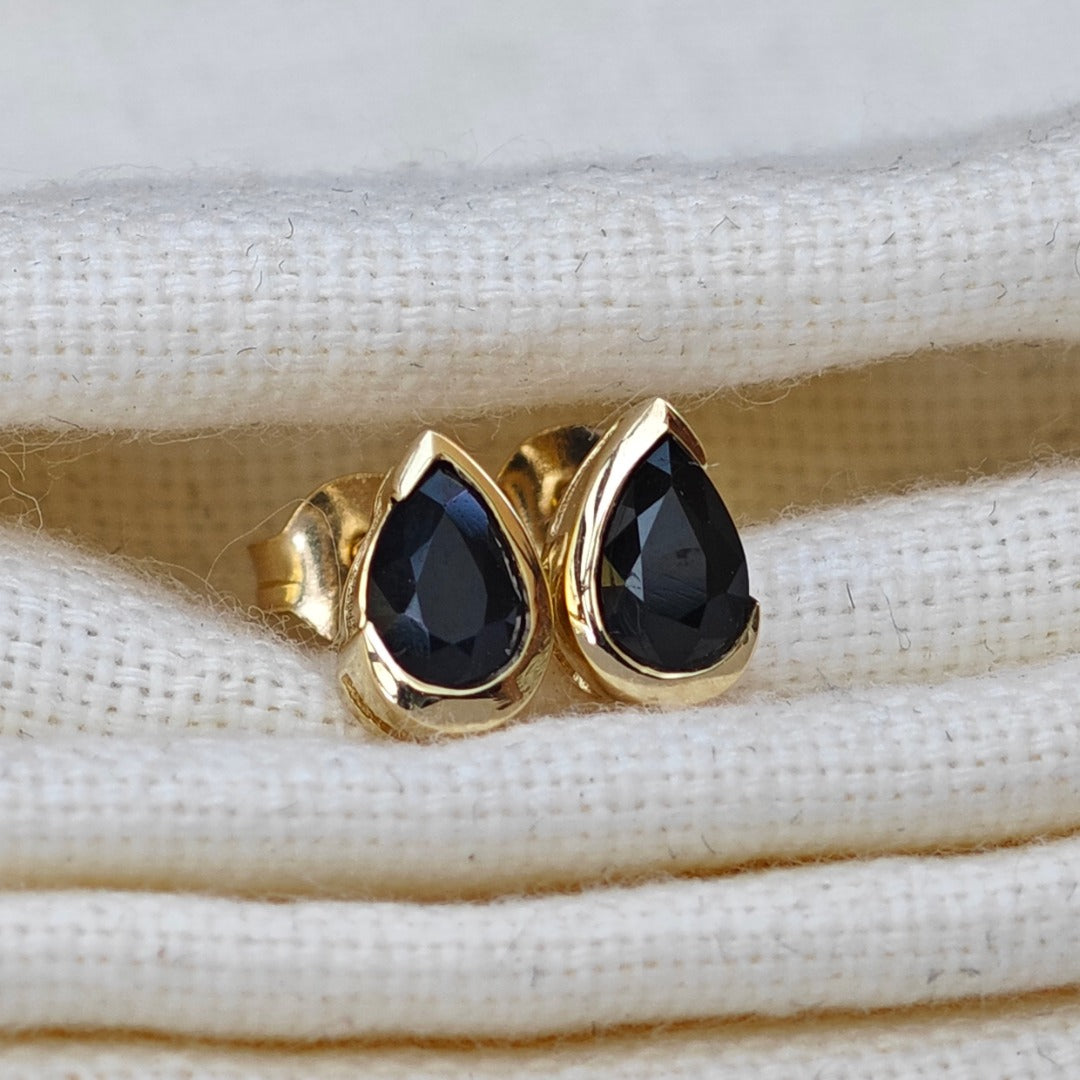 9ct Yellow Gold Sapphire Earrings Natural Inky Blue Gemstone Studs Handmade