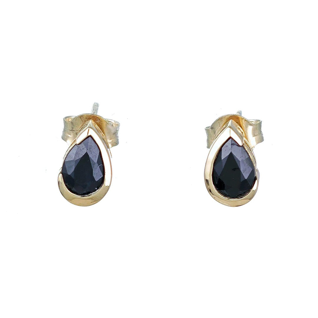 9ct Yellow Gold Sapphire Earrings Natural Inky Blue Gemstone Studs Handmade