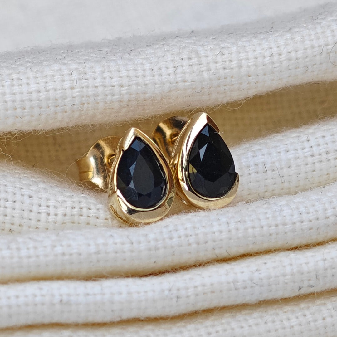 9ct Yellow Gold Sapphire Earrings Natural Inky Blue Gemstone Studs Handmade