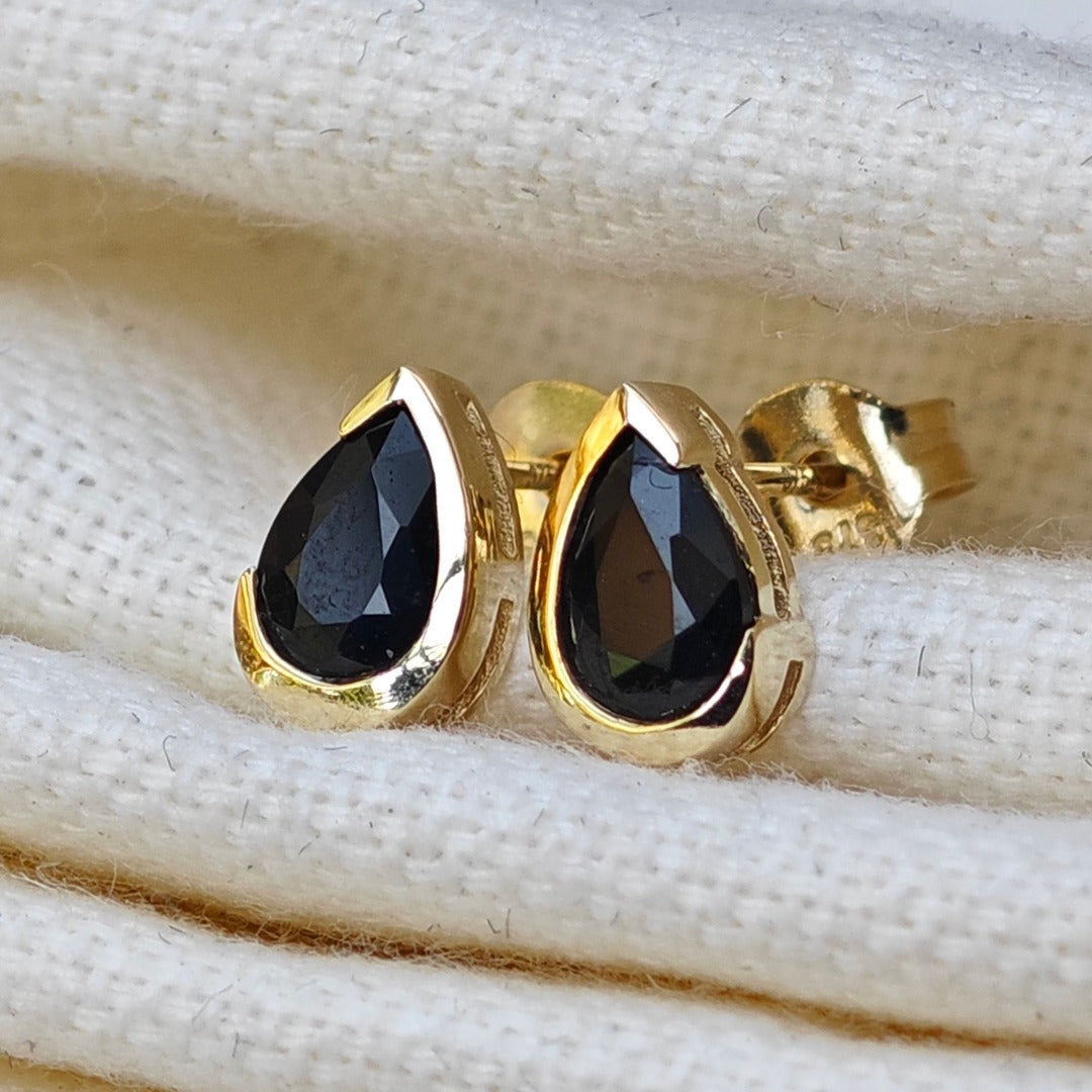 9ct Yellow Gold Sapphire Earrings Natural Inky Blue Gemstone Studs Handmade