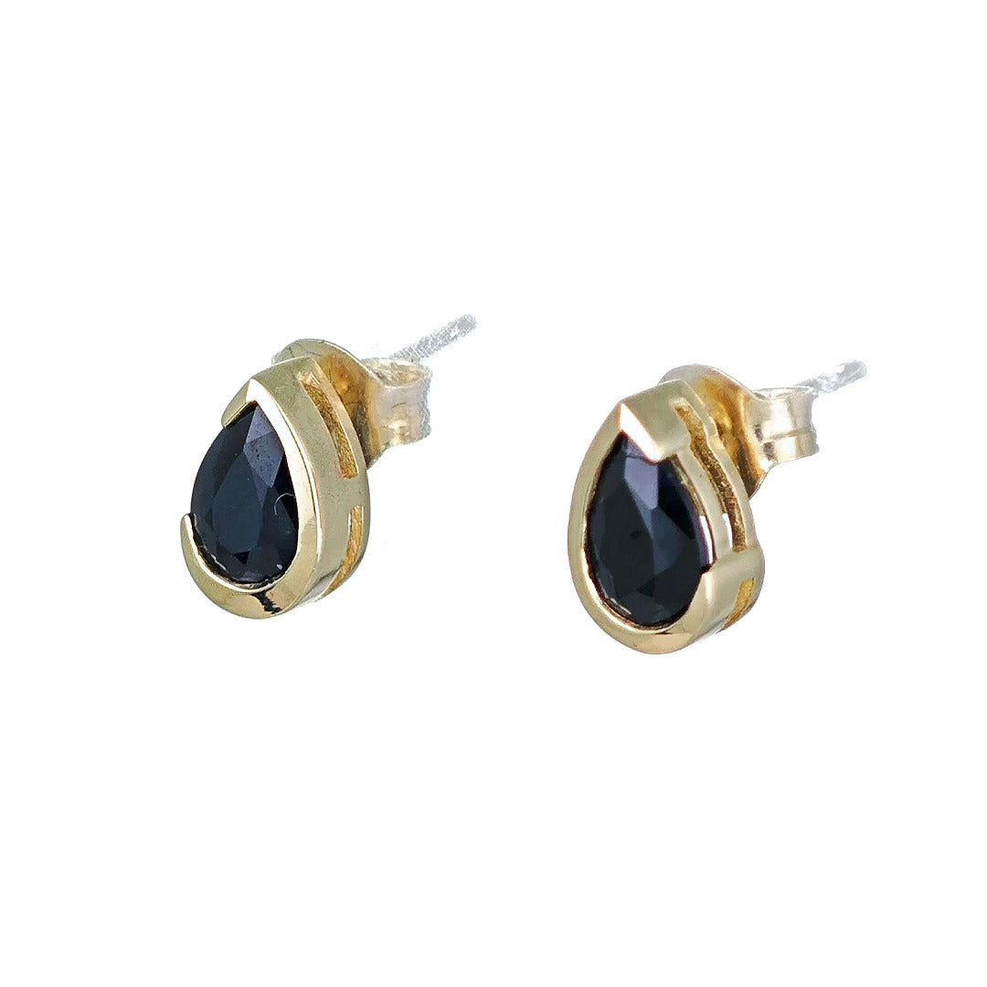 9ct Yellow Gold Sapphire Earrings Natural Inky Blue Gemstone Studs Handmade