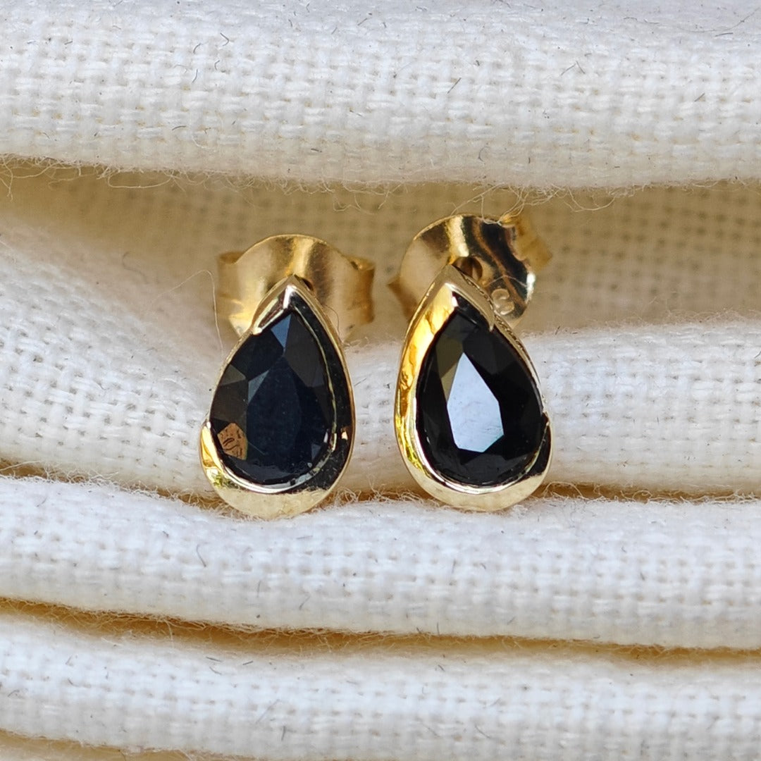 9ct Yellow Gold Sapphire Earrings Natural Inky Blue Gemstone Studs Handmade