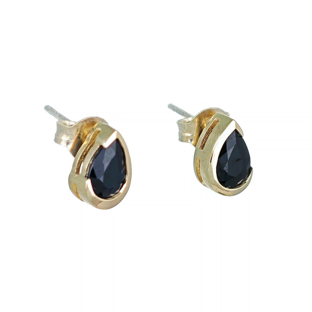 9ct Yellow Gold Sapphire Earrings Natural Inky Blue Gemstone Studs Handmade