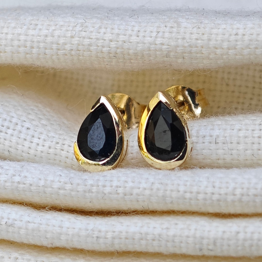 9ct Yellow Gold Sapphire Earrings Natural Inky Blue Gemstone Studs Handmade