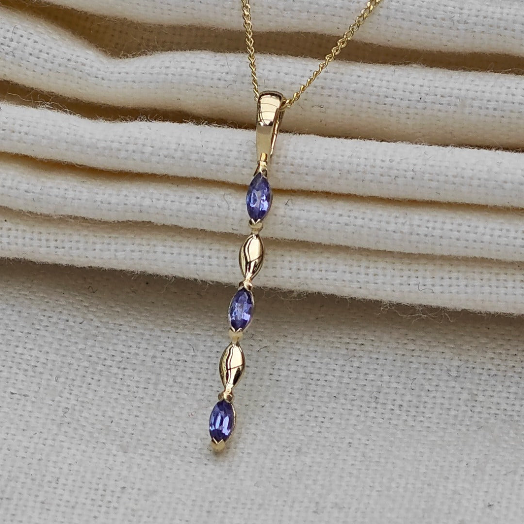 9ct Yellow Gold Tanzanite Necklace Natural Blue Marquise Gemstones