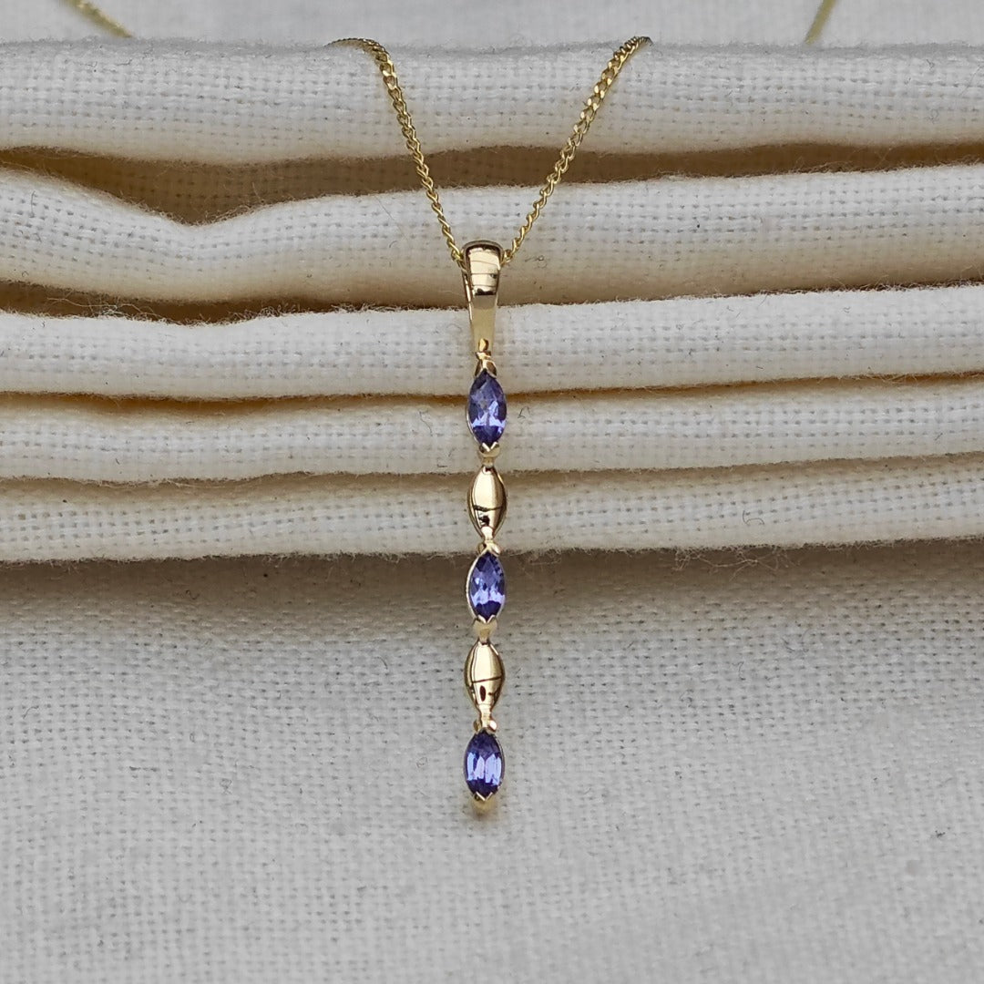 9ct Yellow Gold Tanzanite Necklace Natural Blue Marquise Gemstones