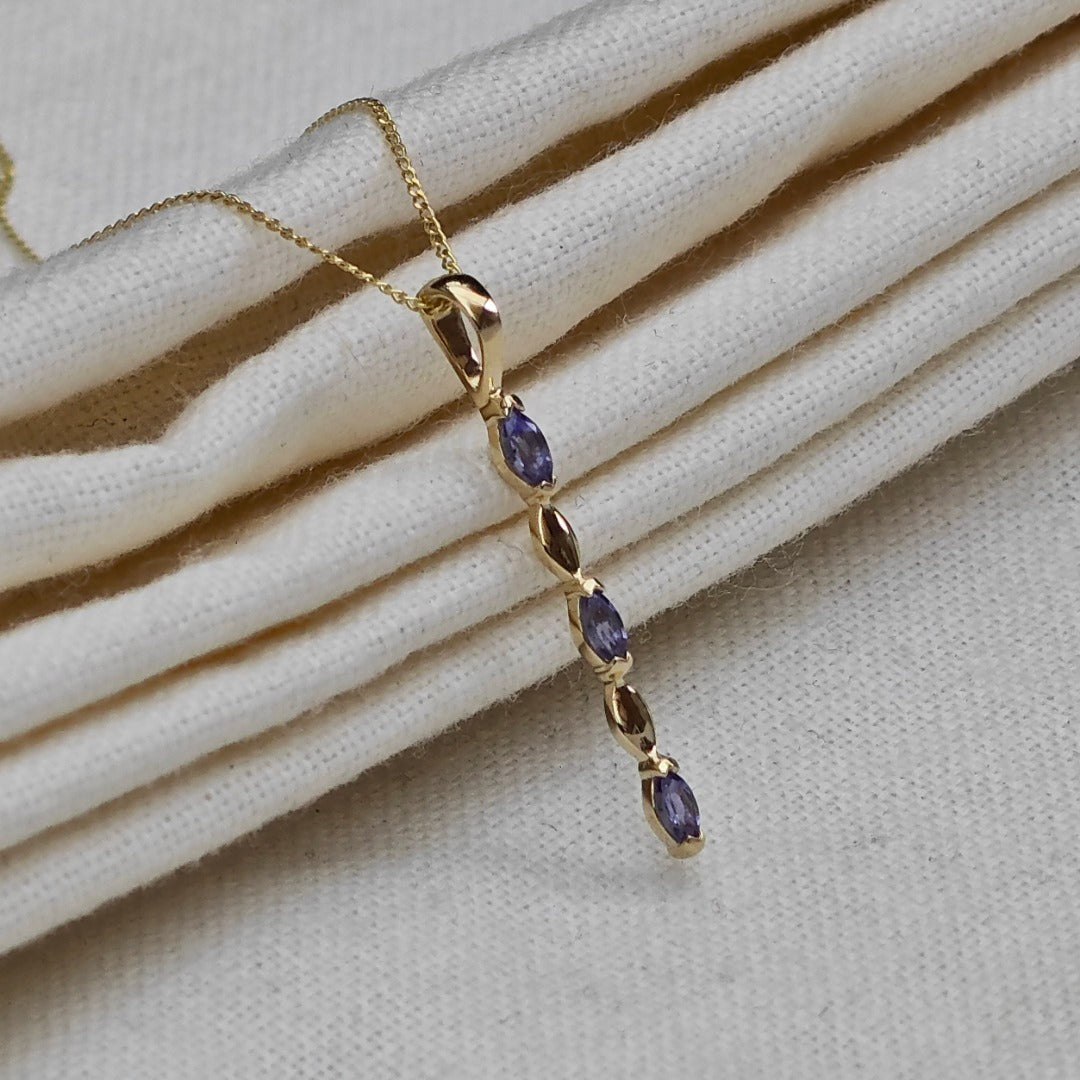 9ct Yellow Gold Tanzanite Necklace Natural Blue Marquise Gemstones