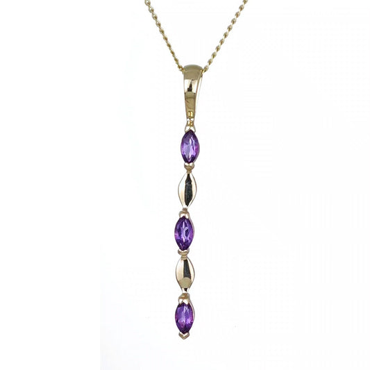 Amethyst Pendant 9ct Yellow Gold Purple Marquise Natural Gemstone