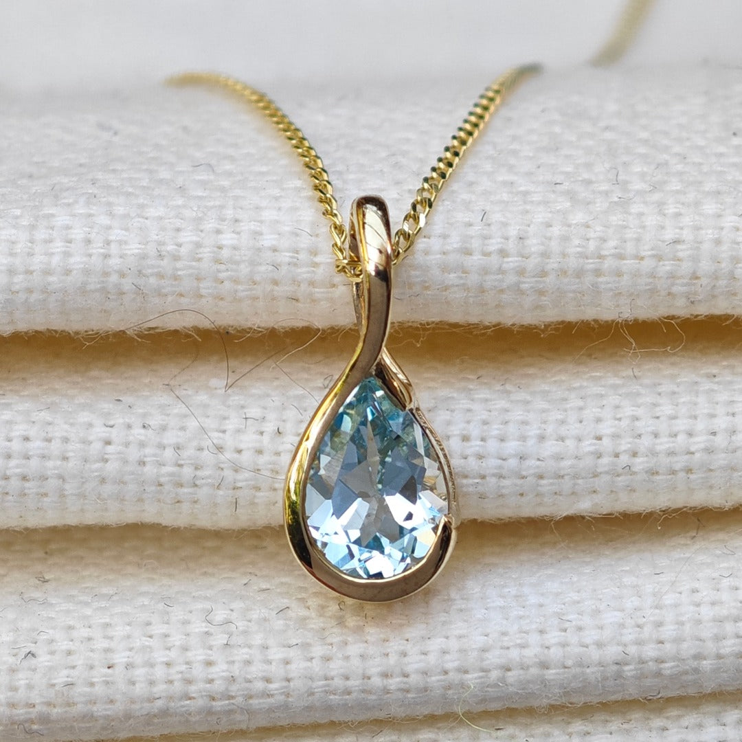 9ct Gold Topaz Necklace Treated Blue Natural Gemstone