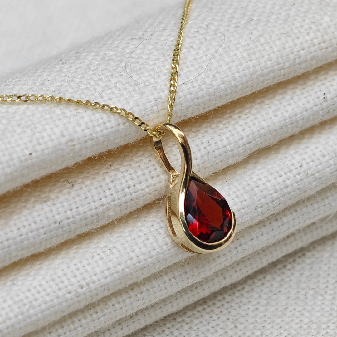 9ct Gold Garnet Necklace Infinity Loop Red Natural Gemstone