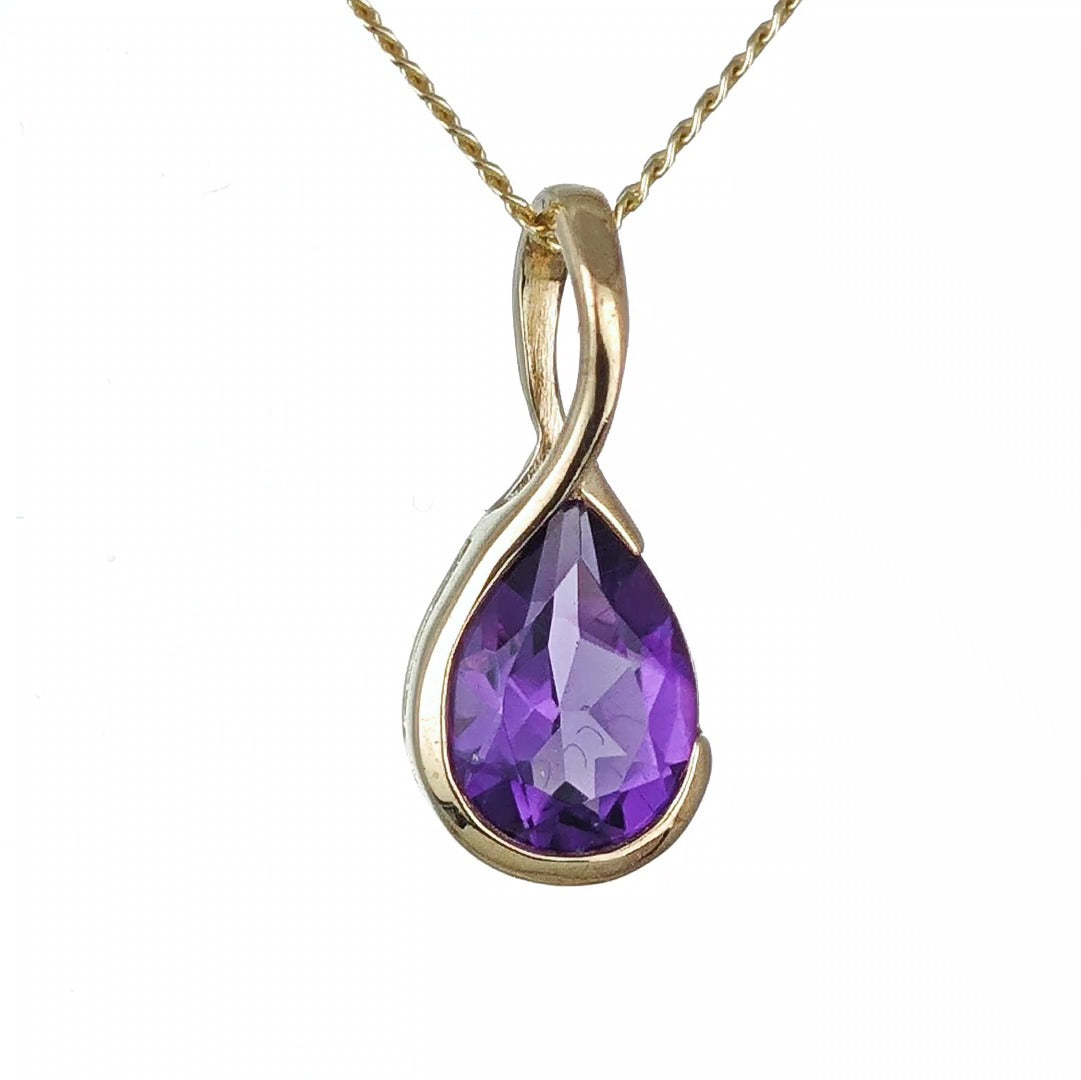 9ct Gold Amethyst Necklace Infinity Loop Natural Purple Pear Gemstone