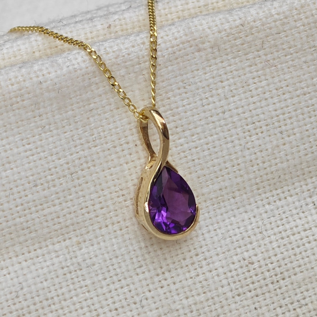 9ct Gold Amethyst Necklace Infinity Loop Natural Purple Pear Gemstone