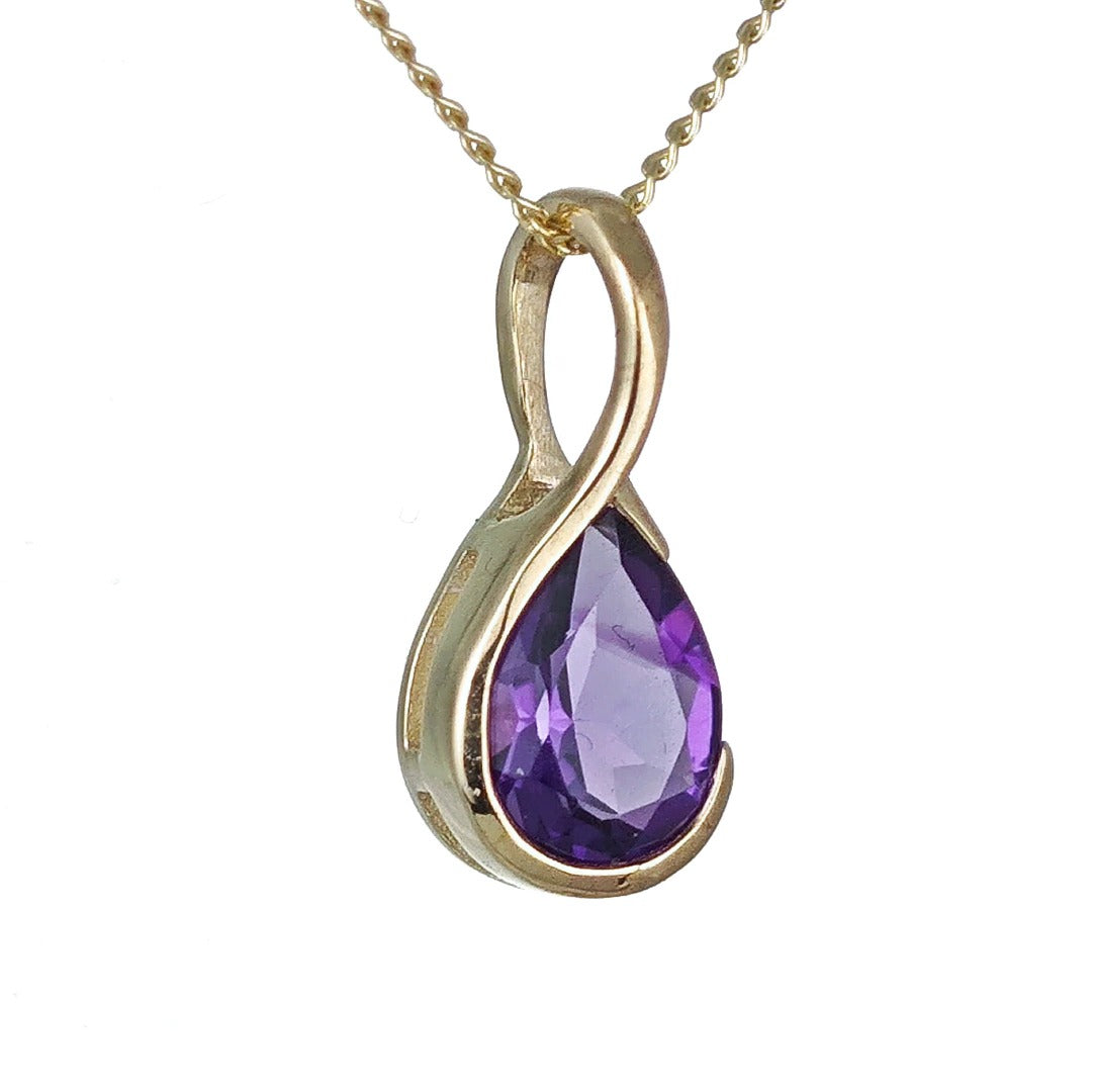 9ct Gold Amethyst Necklace Infinity Loop Natural Purple Pear Gemstone