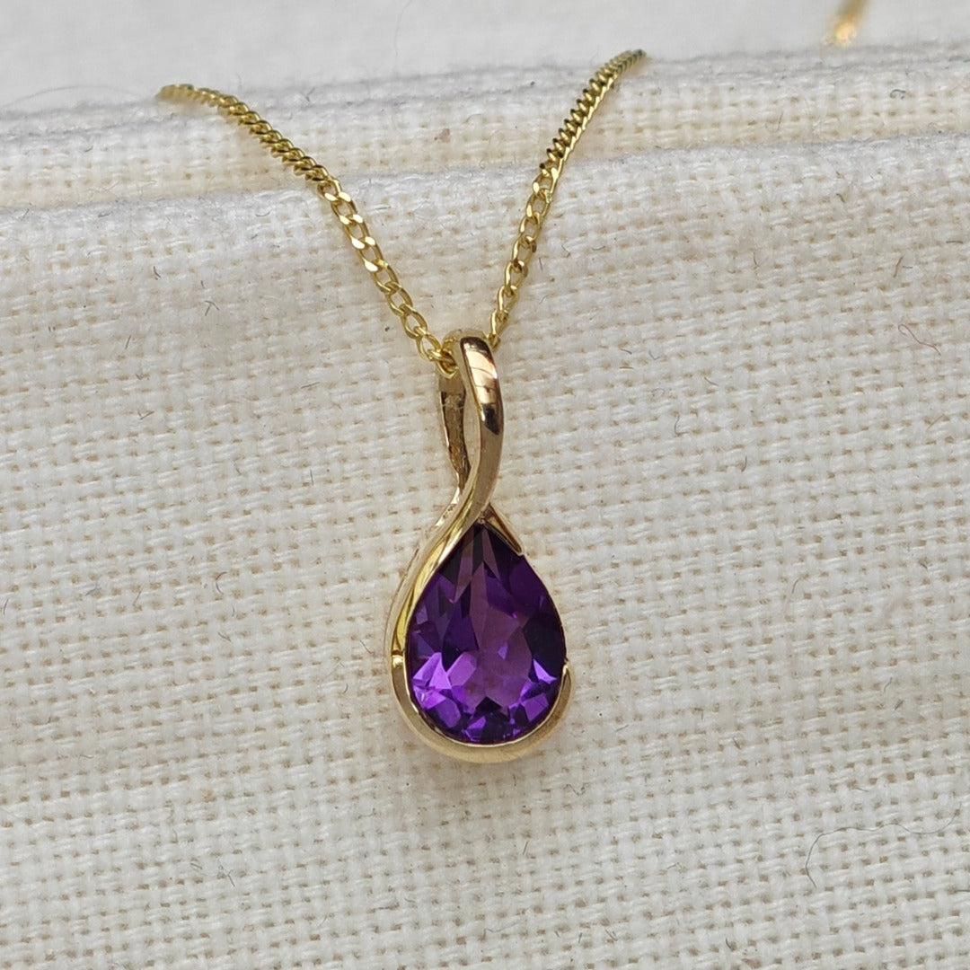 9ct Gold Amethyst Necklace Infinity Loop Natural Purple Pear Gemstone