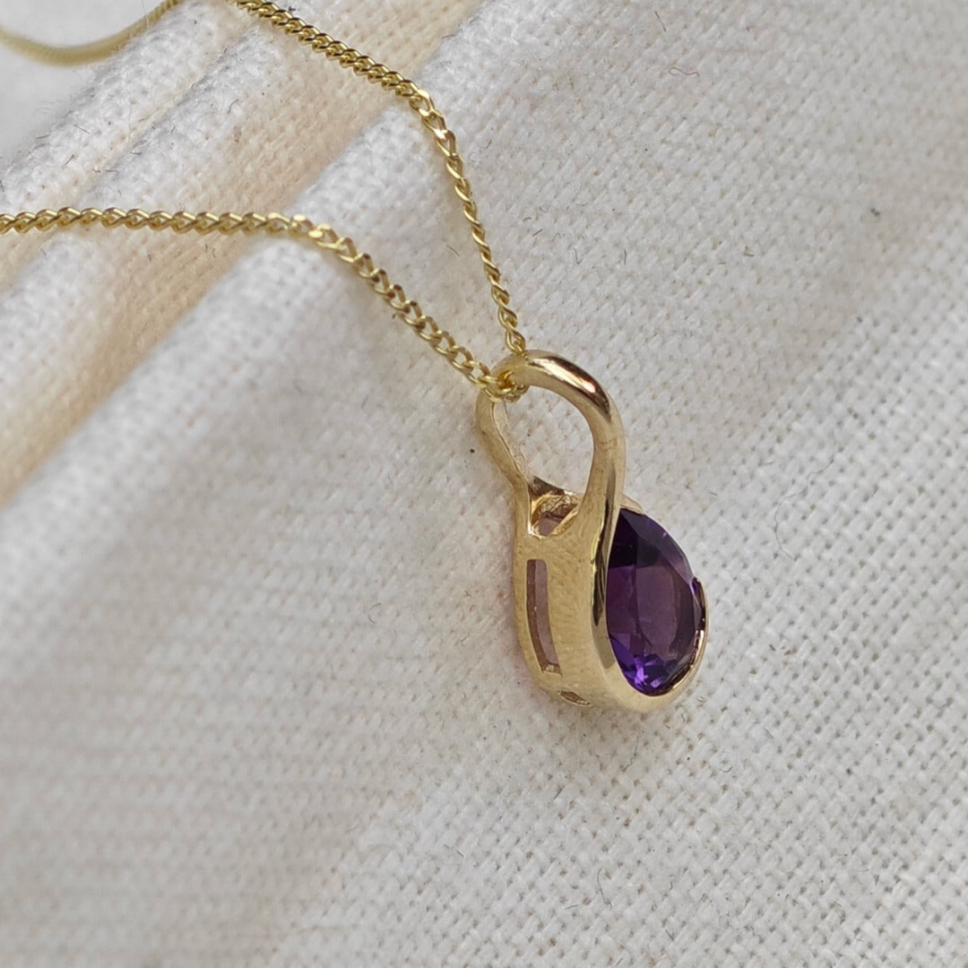 9ct Gold Amethyst Necklace Infinity Loop Natural Purple Pear Gemstone