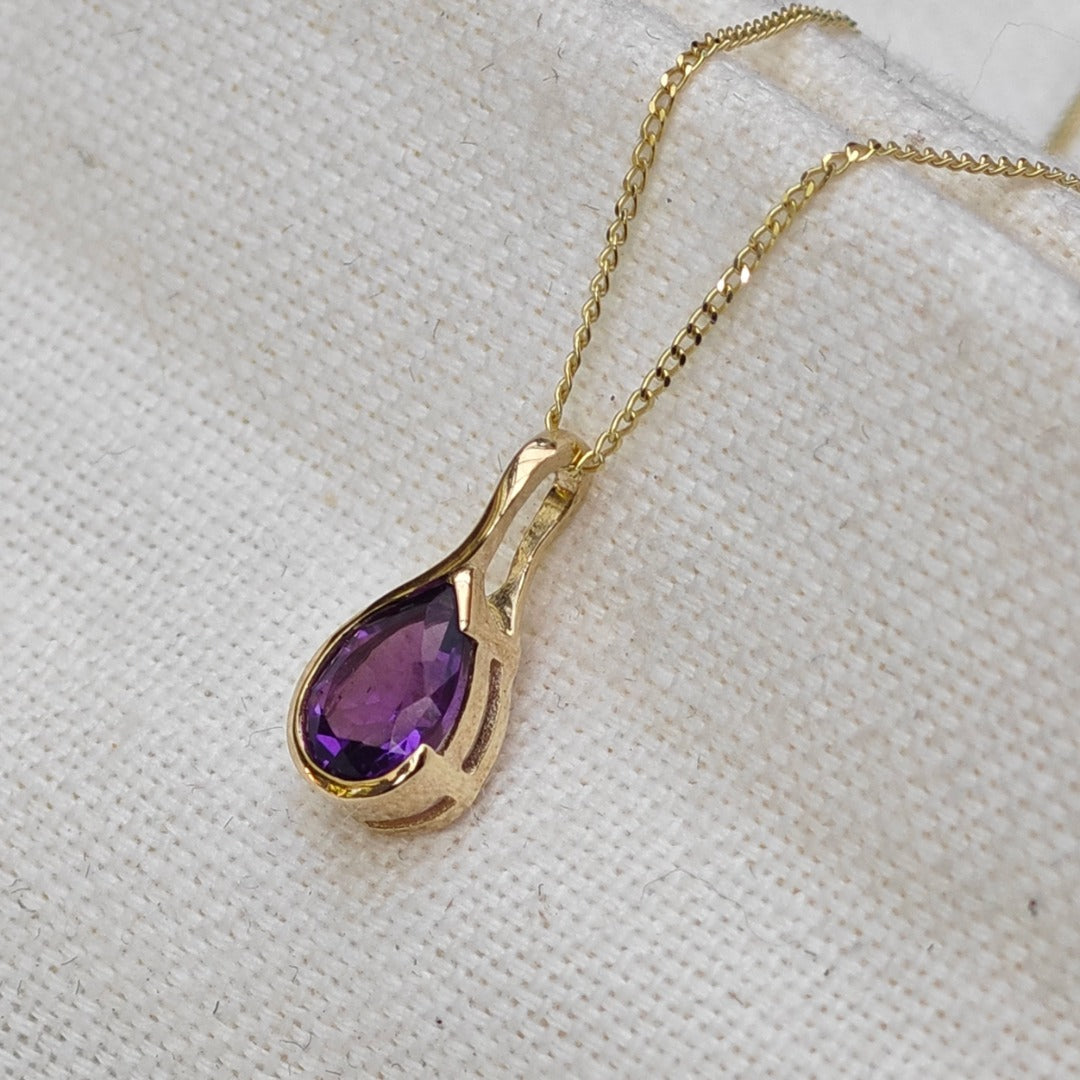 9ct Gold Amethyst Necklace Infinity Loop Natural Purple Pear Gemstone