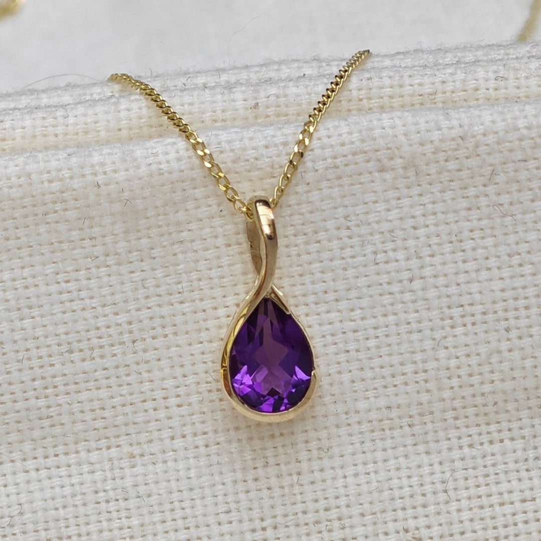 9ct Gold Amethyst Necklace Infinity Loop Natural Purple Pear Gemstone