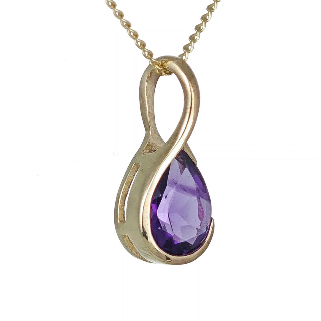 9ct Gold Amethyst Necklace Infinity Loop Natural Purple Pear Gemstone