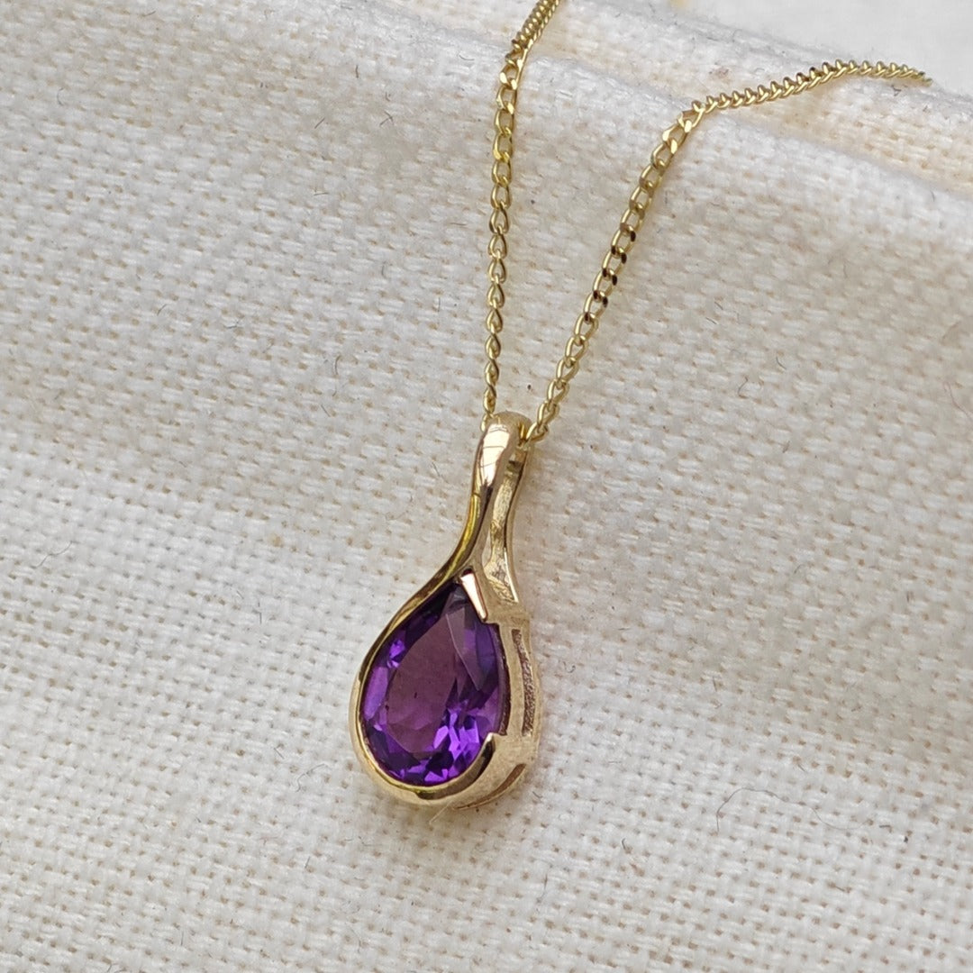 9ct Gold Amethyst Necklace Infinity Loop Natural Purple Pear Gemstone