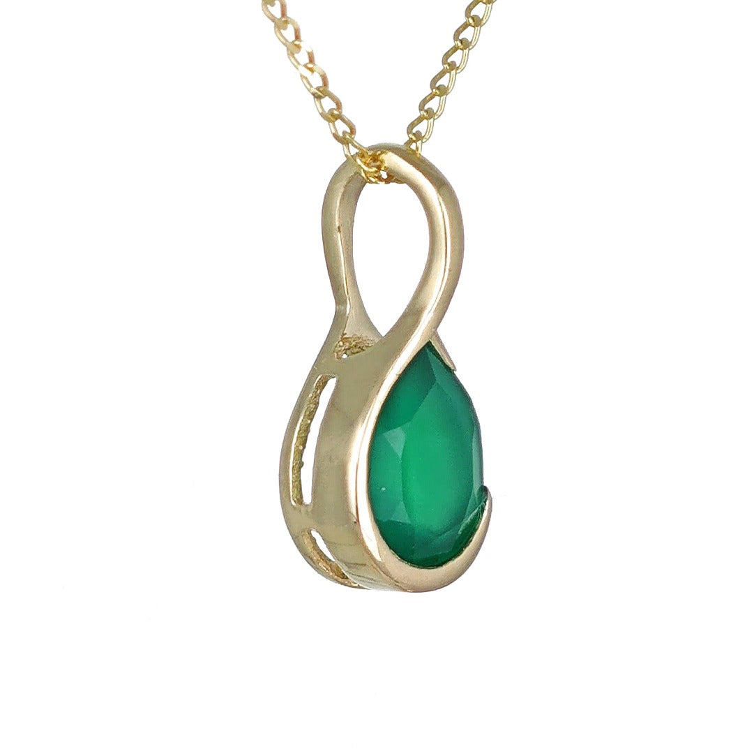 9ct Yellow Gold Necklace Infinity Loop Green Natural Onyx Gemstone Handmade