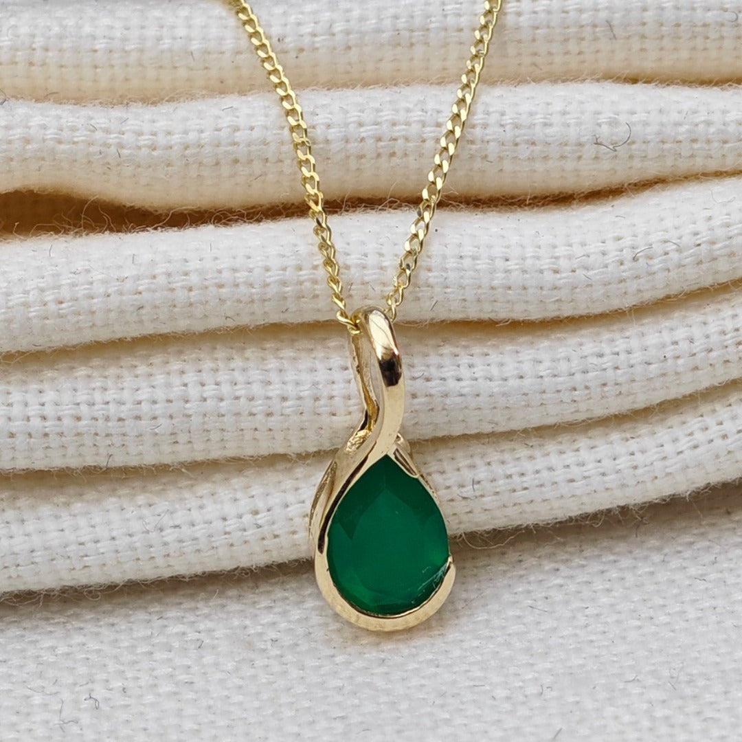 9ct Yellow Gold Necklace Infinity Loop Green Natural Onyx Gemstone Handmade