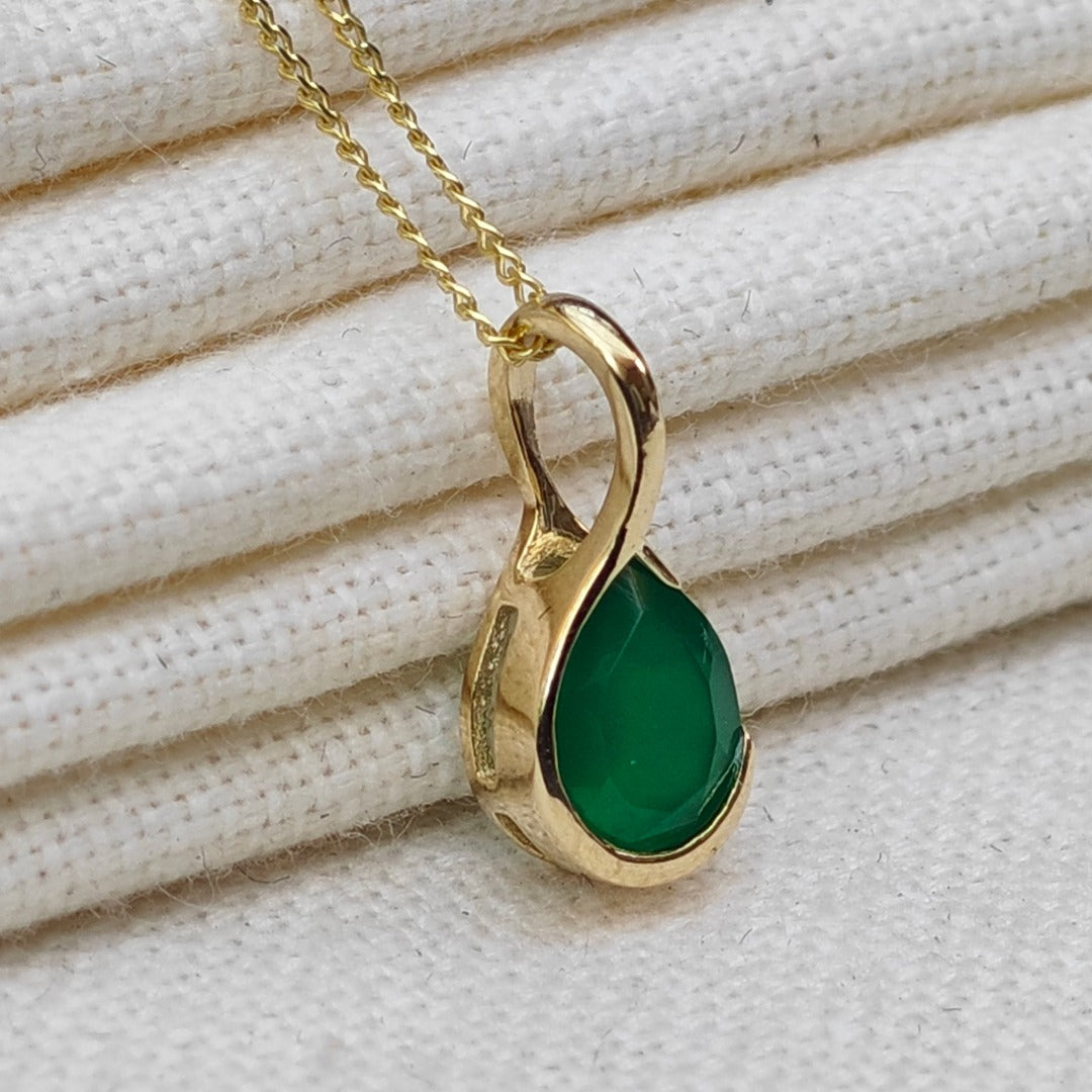 9ct Yellow Gold Necklace Infinity Loop Green Natural Onyx Gemstone Handmade