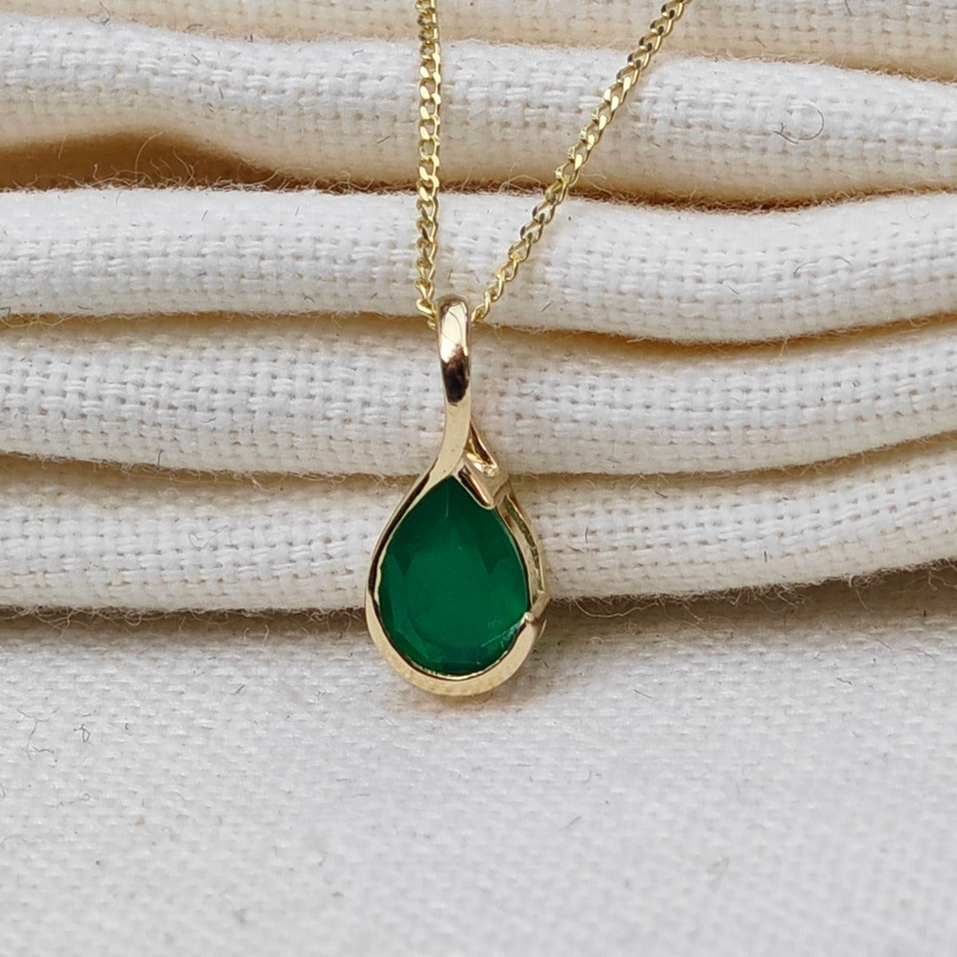 9ct Yellow Gold Necklace Infinity Loop Green Natural Onyx Gemstone Handmade