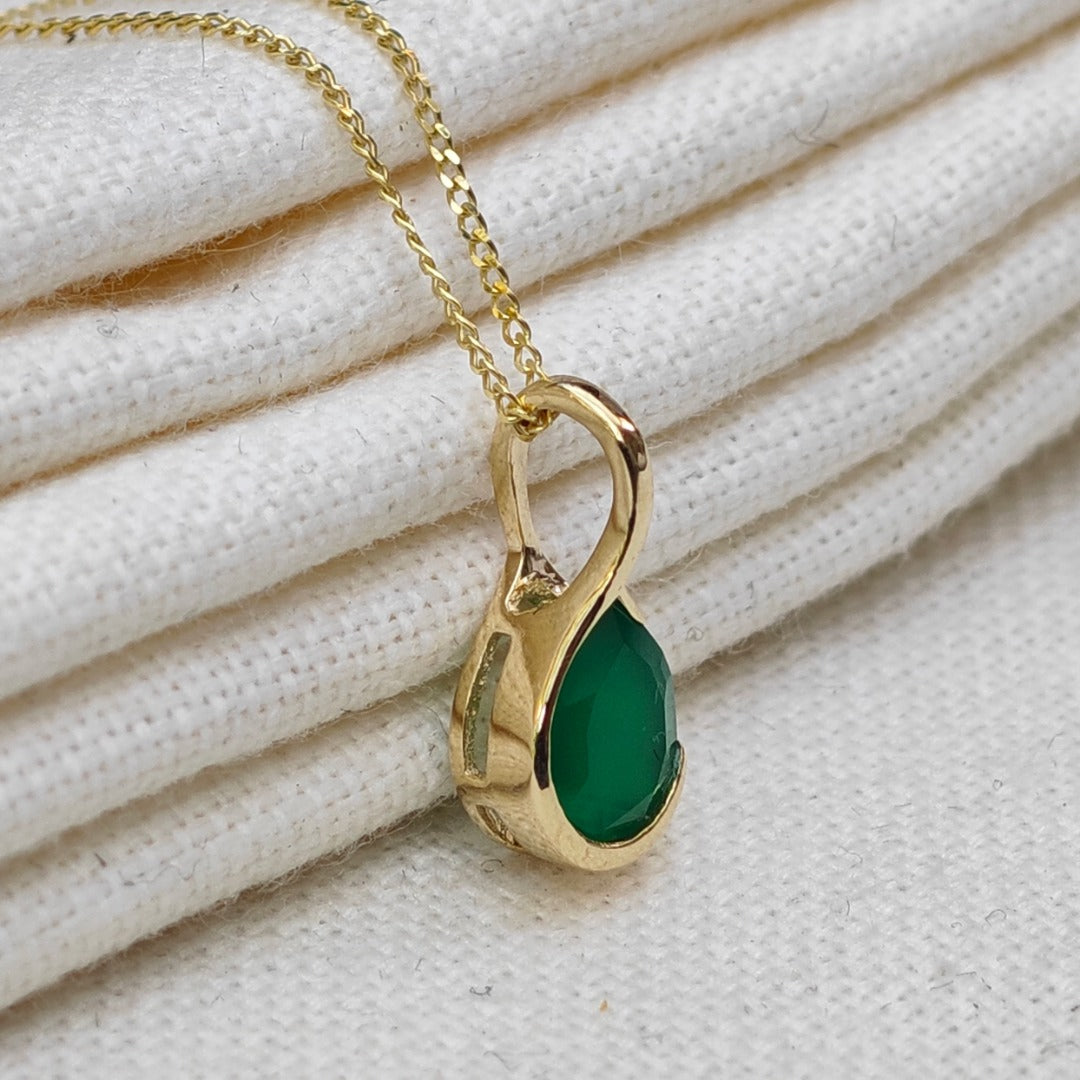 9ct Yellow Gold Necklace Infinity Loop Green Natural Onyx Gemstone Handmade